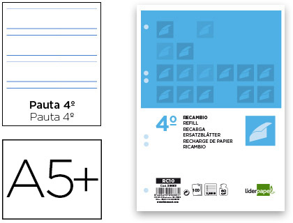 Recambio Liderpapel 4º 100h 60g/m² pauta 3,5mm. con margen 6 taladros